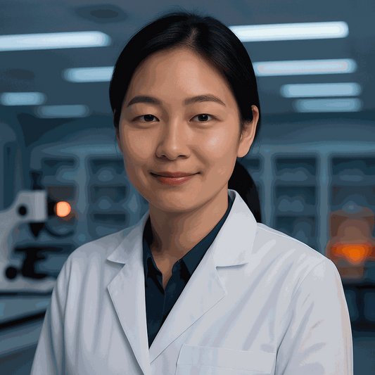 Asian female scientist in a lab coat smiling confidently in a scientific laboratory, emphasizing ingredient review in cosmetics.