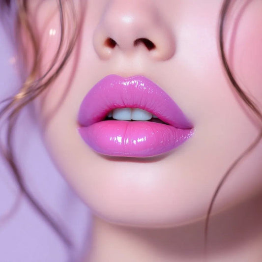Close-up of glossy pink lips with high shine and smooth texture, showcasing bold and radiant "Labios con Alto Brillo" look.