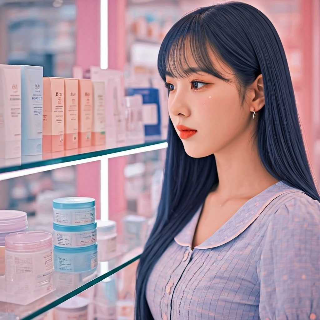 Young woman with blue hair shopping for Korean skincare products on illuminated display shelves in a beauty store, showcasing cosmética coreana options and packaging.
