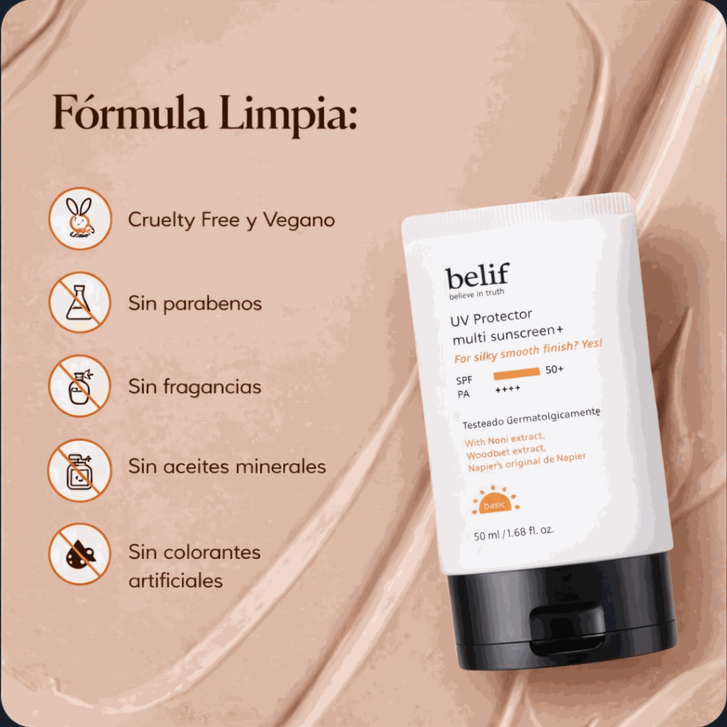 Protector solar con color Belif SPF50+ 50ml textura ligera y protección alta UVA UVB