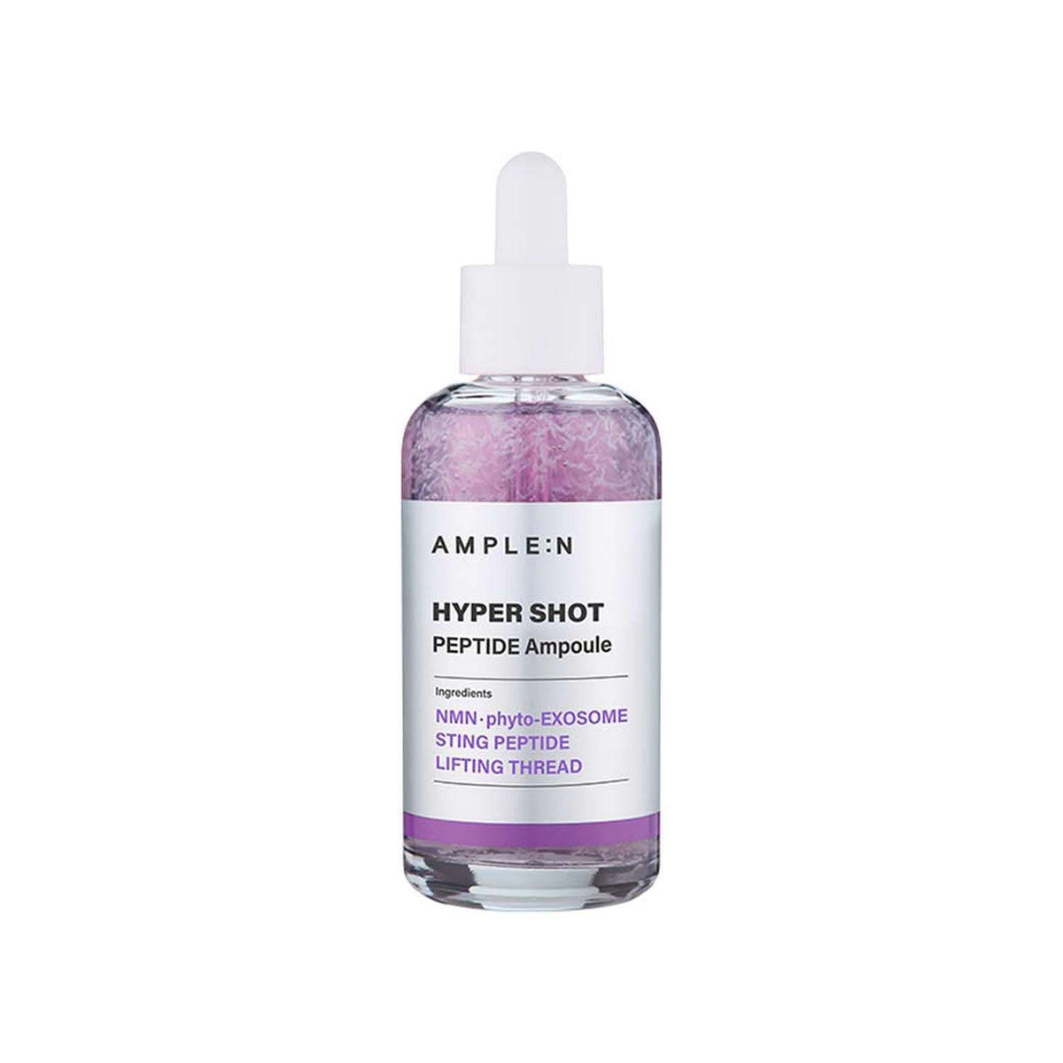Sérum Facial Antiedad en frasco transparente con cuentagotas blanco y fórmula rosada con hilos visibles