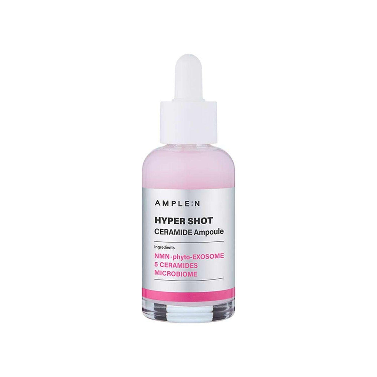 Sérum Facial reparador AMPLE:N en frasco de vidrio transparente, líquido rosado y gotero blanco 
