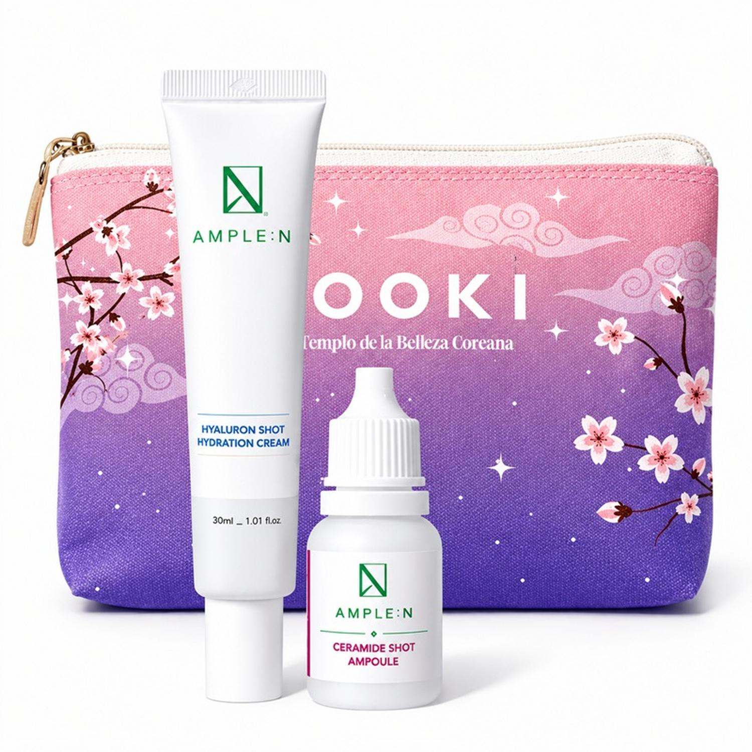 Set Pack AMPLEN Hidratación Glow Travel crema y sérum con ácido hialurónico y ceramidas en neceser para piel luminosa