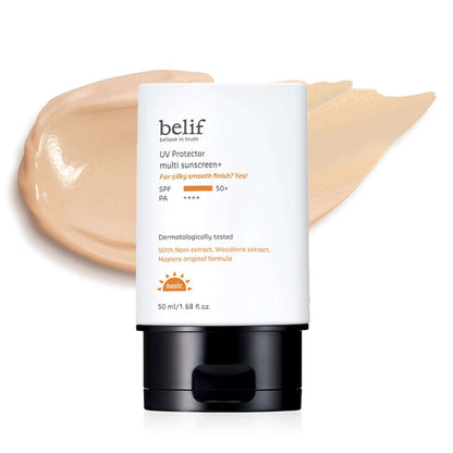 Protector solar con color Belif SPF50+ en envase de 50ml, textura ligera y efecto unificador.