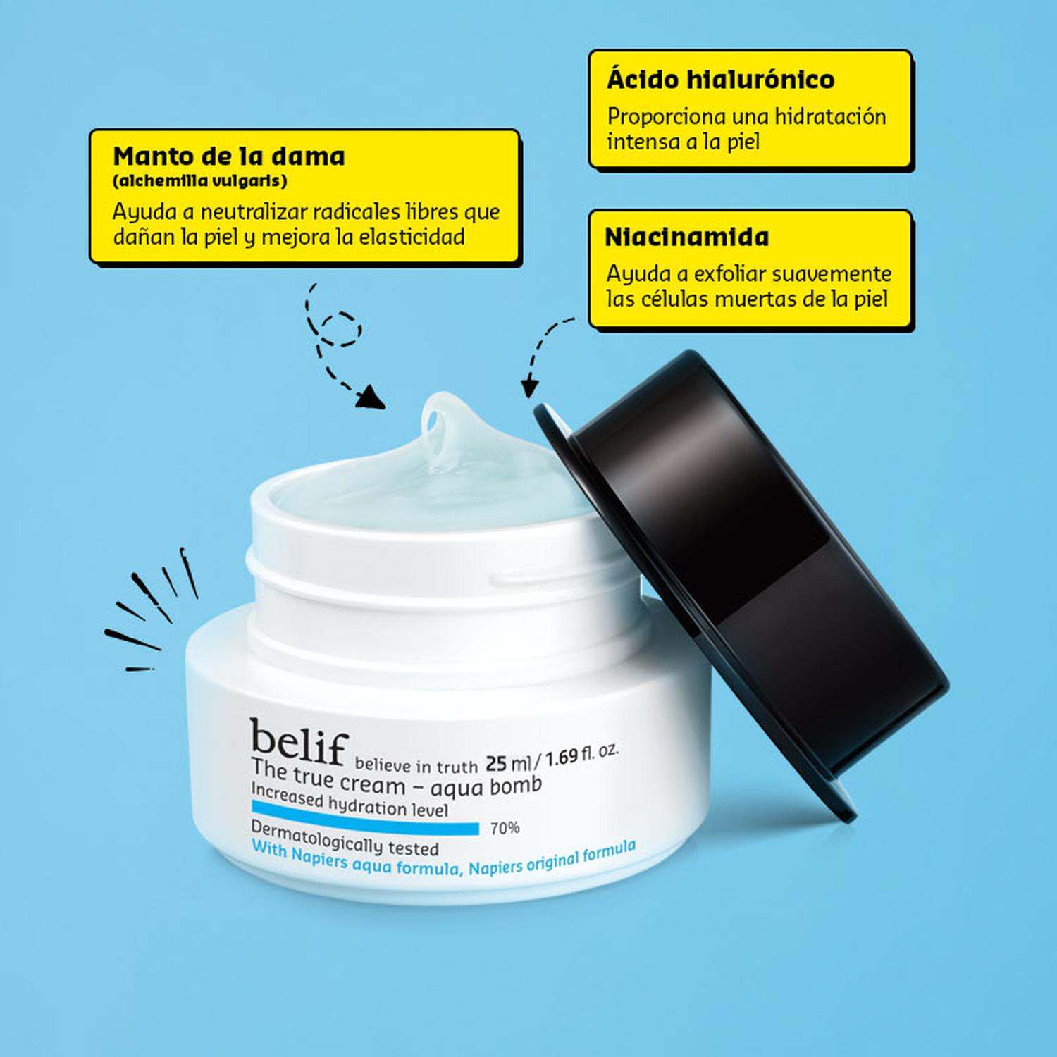 Crema facial hidratante en gel ligera Belif Aqua Bomb 25 ml para piel mixta a grasa, hidratación intensa y textura fresca.