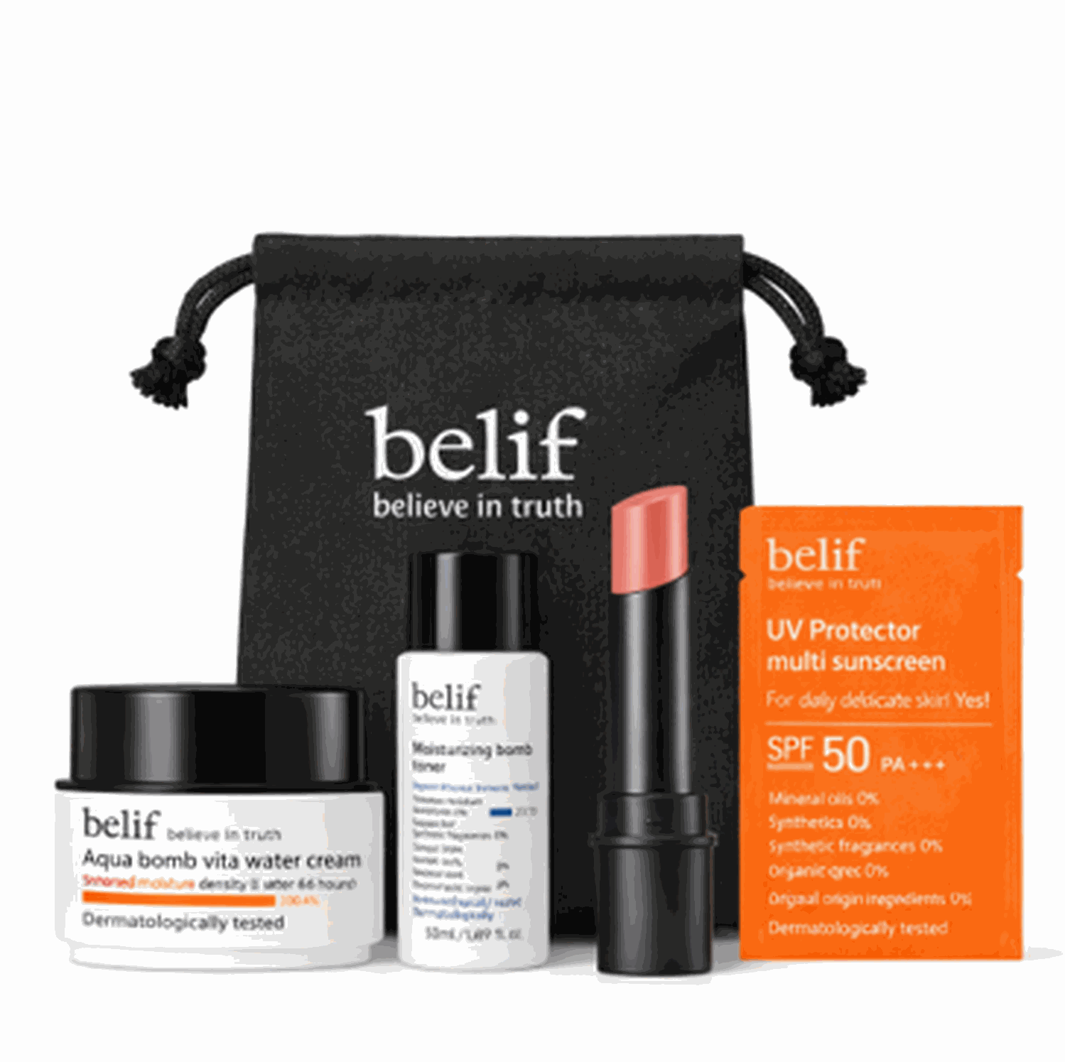 Set BELIF Bombastic Love skincare kit with vitamin C cream, hydrating toner, colored sun cream, and lip balm