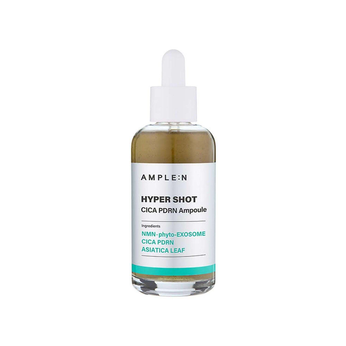 Sérum Facial Calmante AMPLE:N en frasco de vidrio transparente, líquido ámbar y gotero blanco
