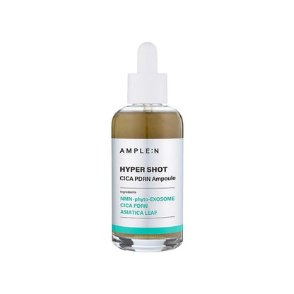 Sérum Facial Calmante AMPLE:N en frasco de vidrio transparente, líquido ámbar y gotero blanco
