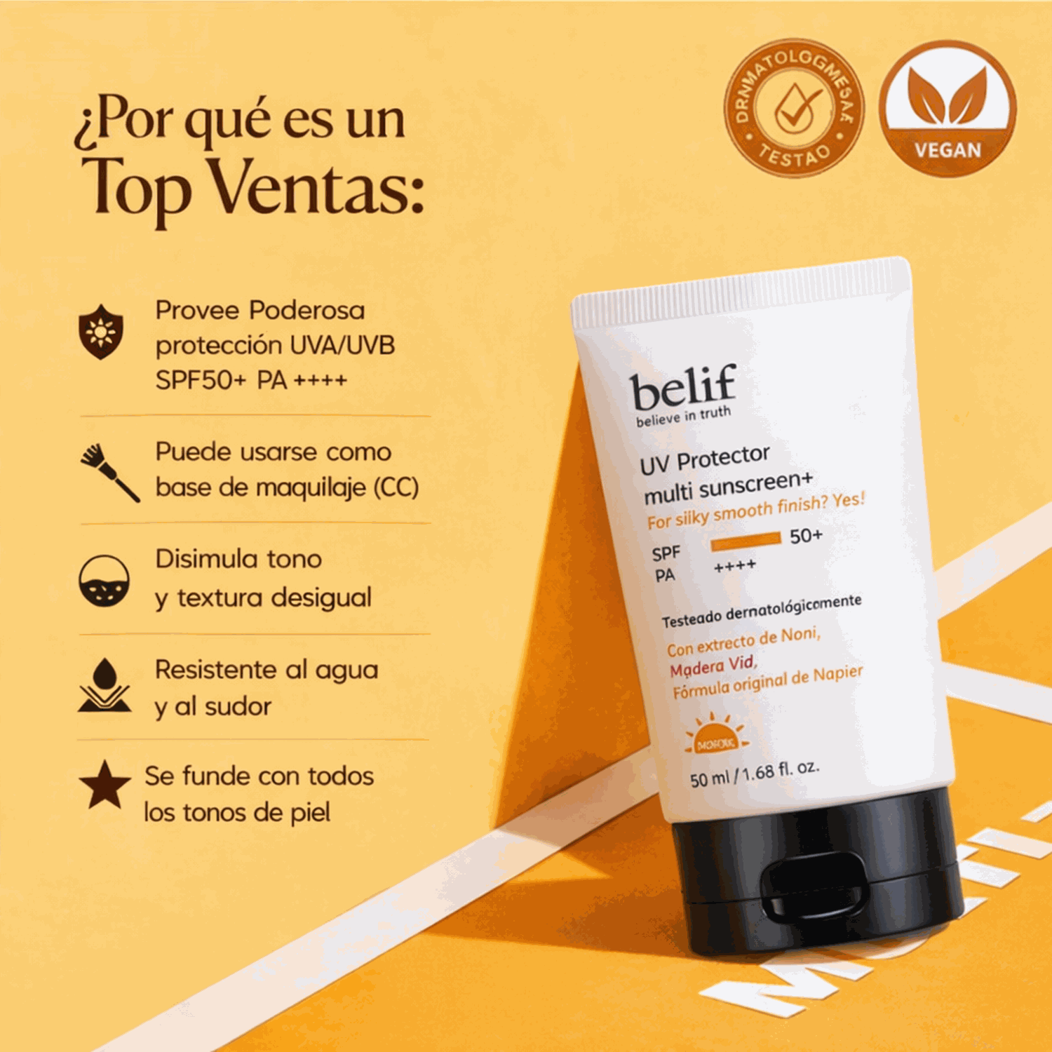 Protector solar con color Belif SPF50+ en envase de 50ml para piel sensible