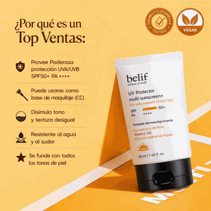 Protector solar con color Belif SPF50+ en envase de 50ml para piel sensible