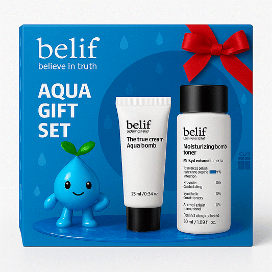 Set Aqua Bomb Belif crema hidratante 25ml y tónico Moisturizing Bomb 50ml para piel hidratada y fresca