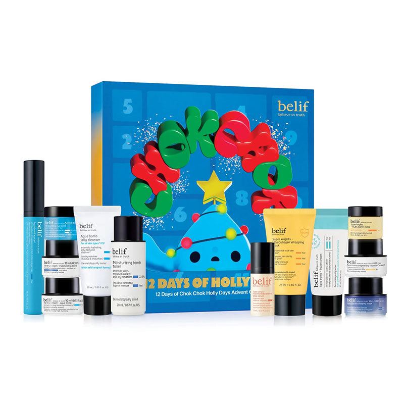 Calendario de Adviento Belif 12 días con productos de skincare coreano hidratante en estuche colorido