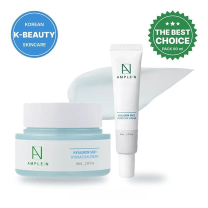 Pack Crema Facial Coreana AMPLE:N, cremas hidratantes blancas con detalles turquesa y verdes, en tarro y tubo de 60 y 30 ml.