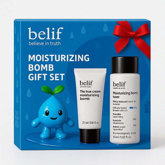 Set hidratante Belif Moisturizing Bomb Toner y crema hidratante para piel seca y sensible.