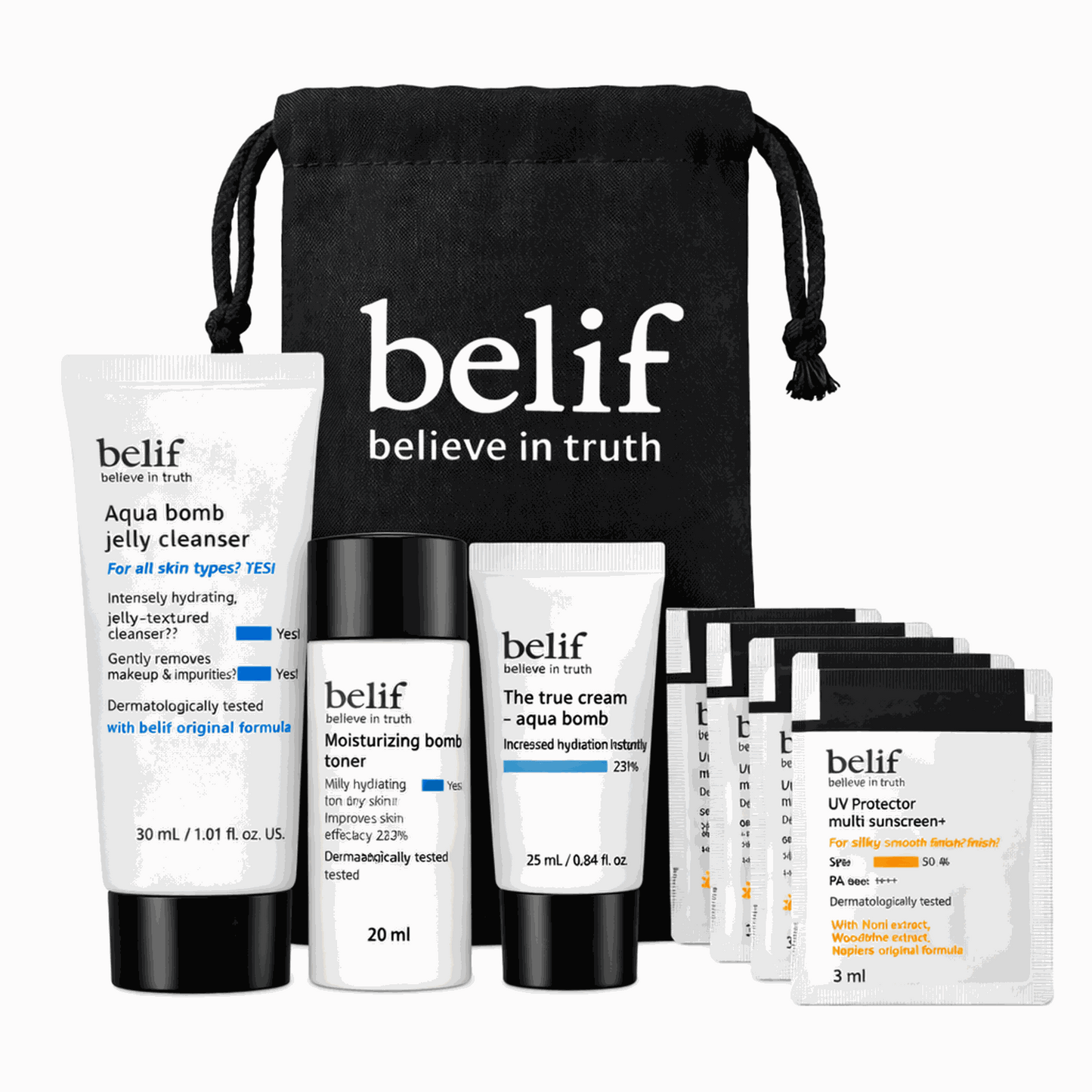 Set BELIF Back to Basics con productos hidratantes Aqua Bomb para rutina facial coreana completa