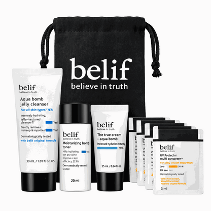 Set BELIF Back to Basics con productos hidratantes Aqua Bomb para rutina facial coreana completa