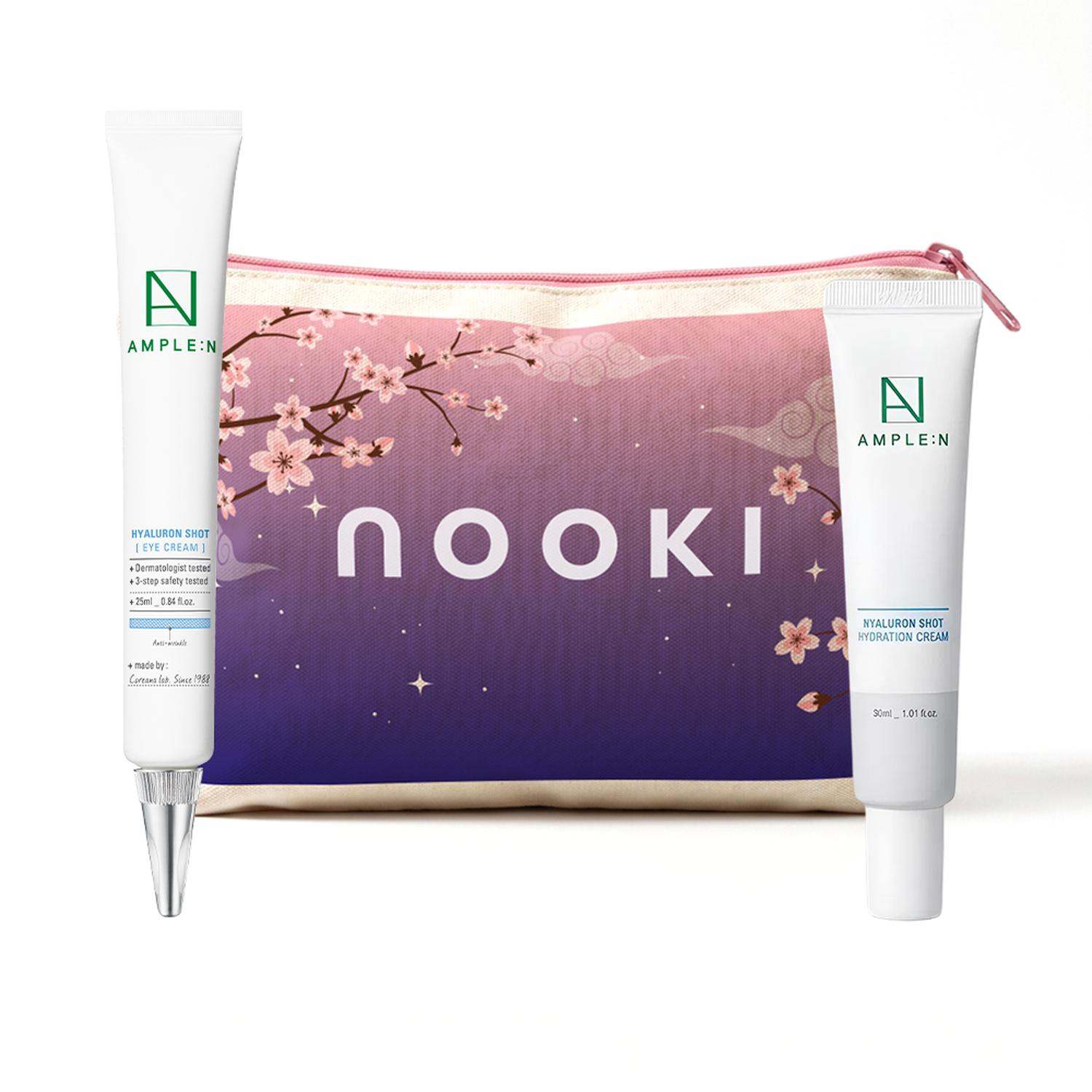 Set crema larga duración Ácido Hialurónico crema facial, contorno de ojos y neceser para hidratación profunda