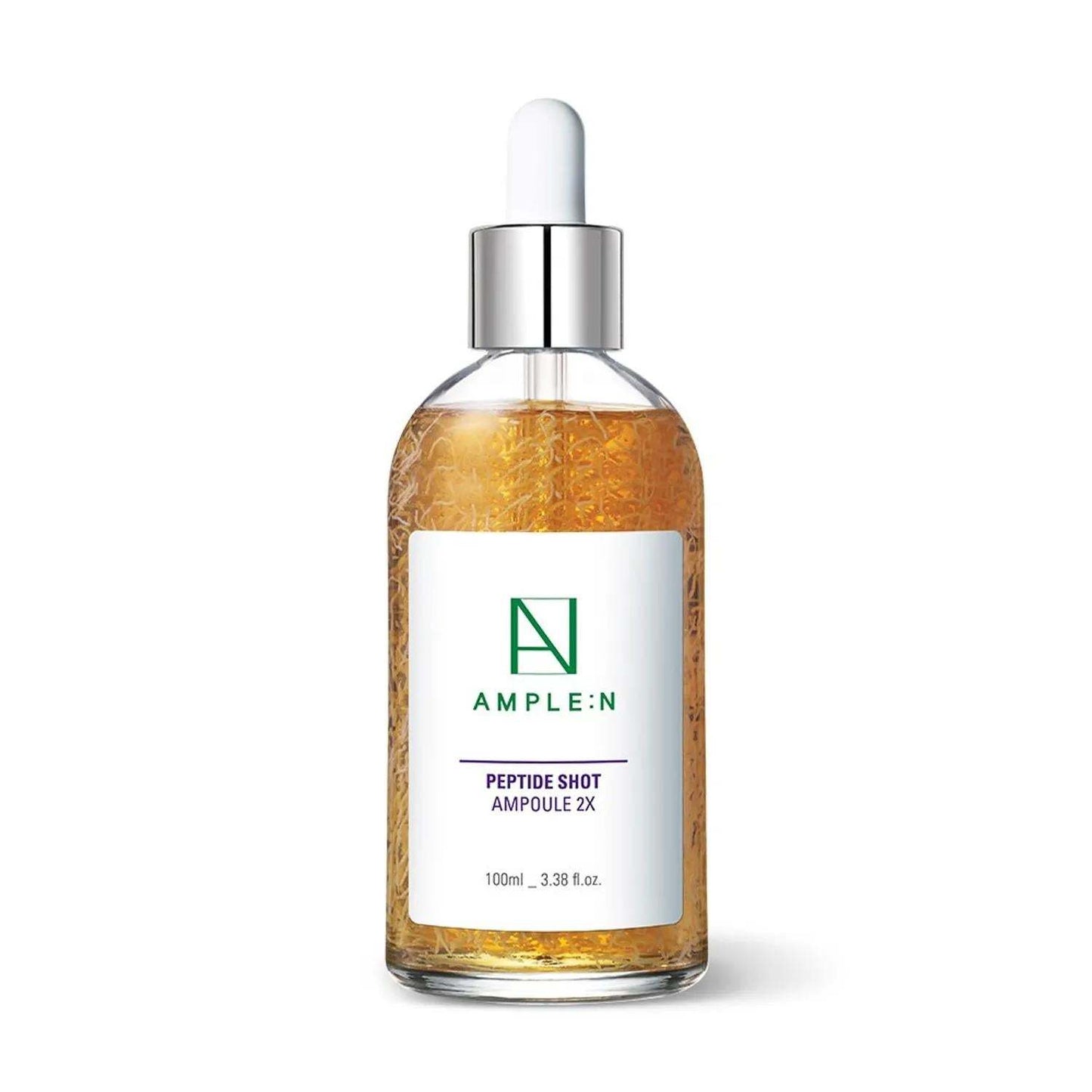 Frontal view of 100ml AMPLE:N Sérum Facial Reafirmante peptide serum bottle with packaging box for firming and anti-aging skincare