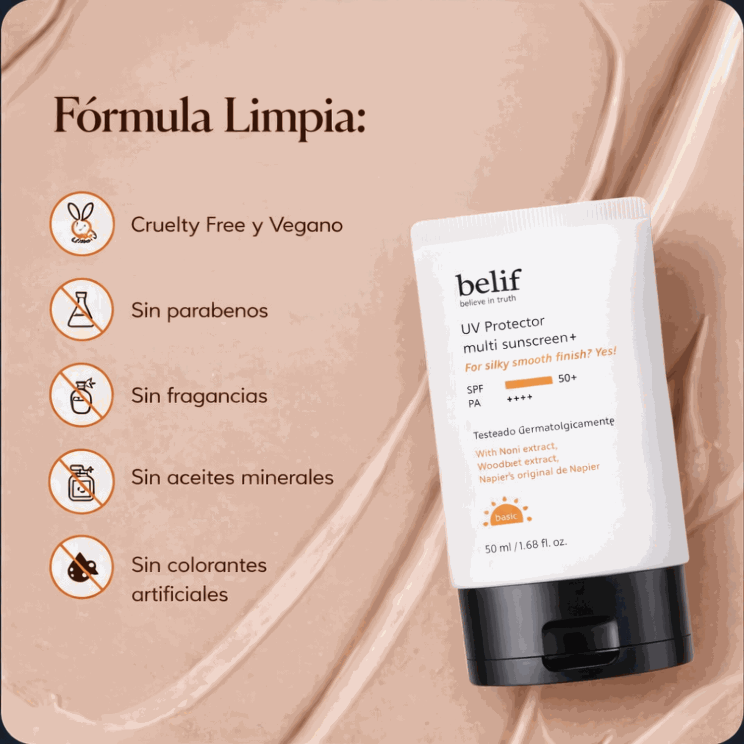 Protector solar con color Belif SPF50+ 50ml textura ligera y protección alta UVA UVB