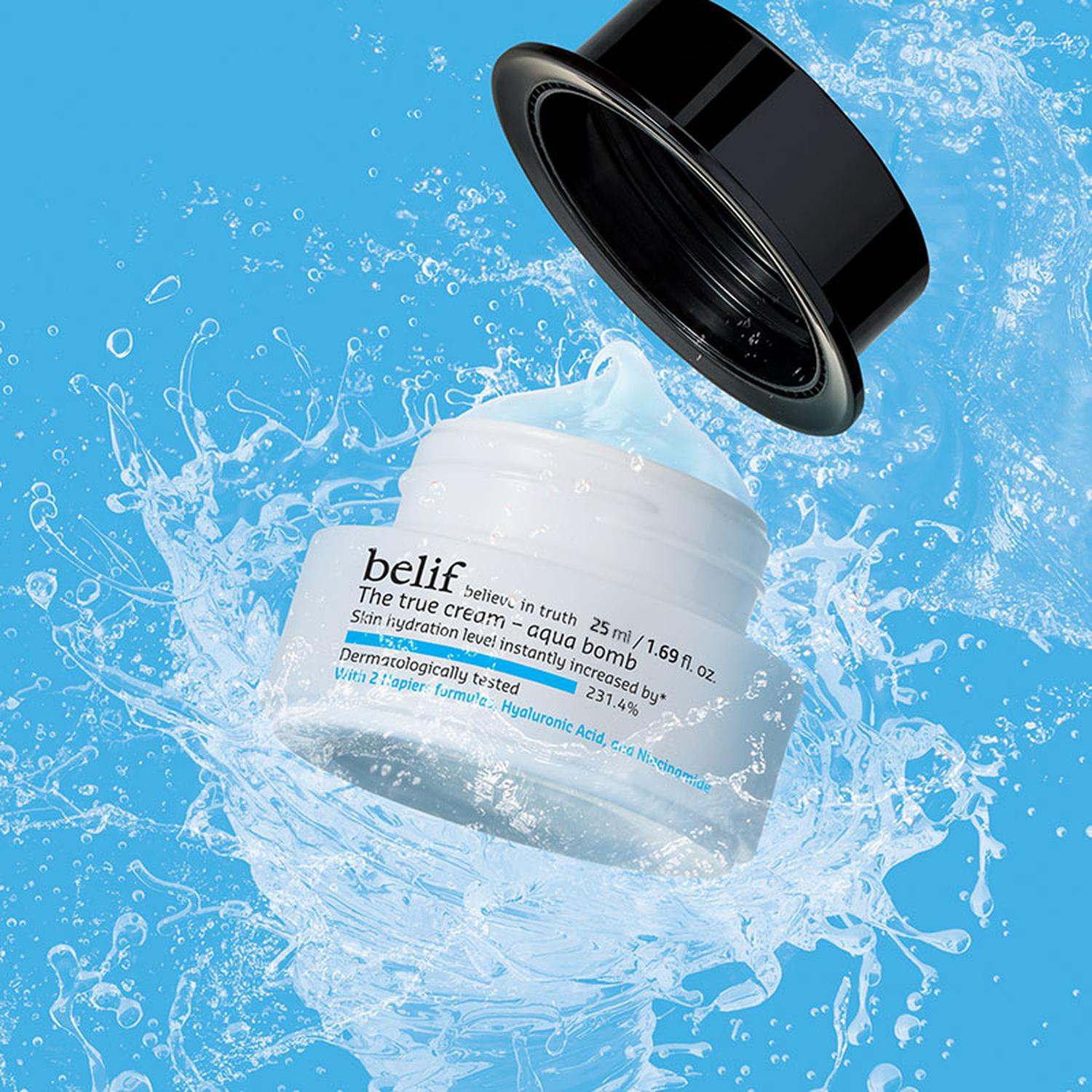Crema facial hidratante en gel ligera Belif Aqua Bomb 25 ml para piel mixta a grasa, hidratación profunda y rápida sin sensación grasa.