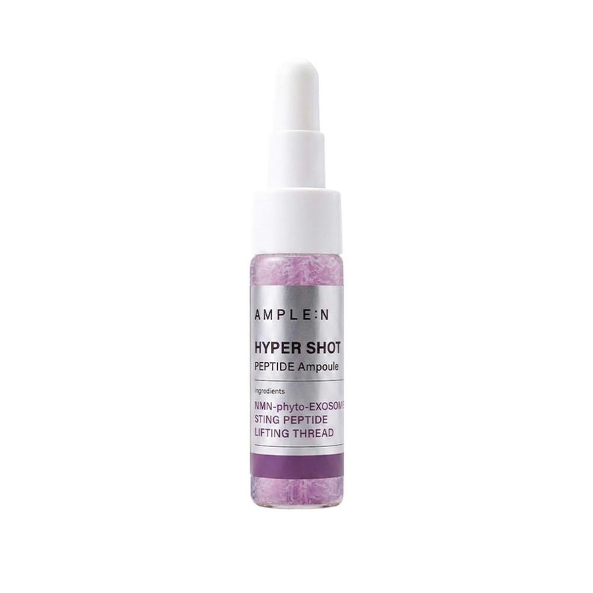 Mini Sérum Facial reafirmante en frasco con gotero blanco, envase transparente con detalles morados y etiqueta AMPLE:N.